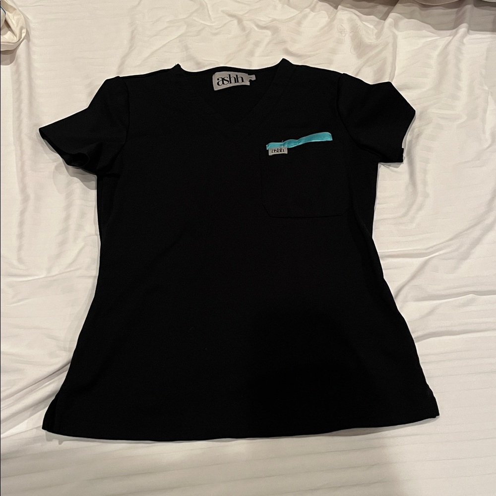 Ashh Black Scrub Top with Teal Pocket Accent